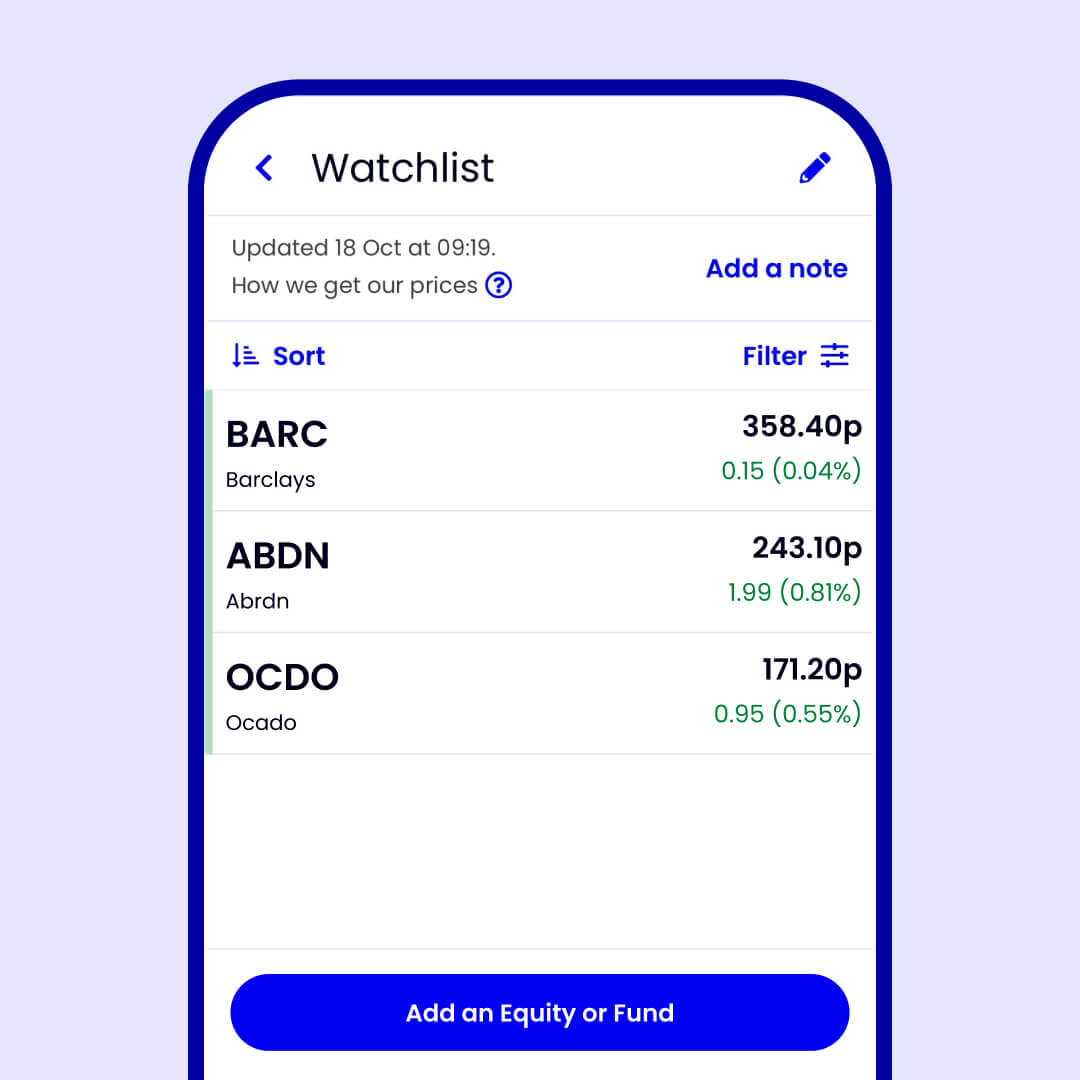 watch list for stocks and shares on device