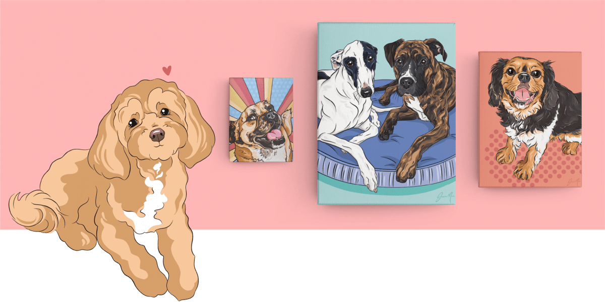 Custom Pet Portraits — Dog Painting, Dog Illustration, Pop Comic Pups by artist Jessica Marie | Pop Art Puppy Dogs